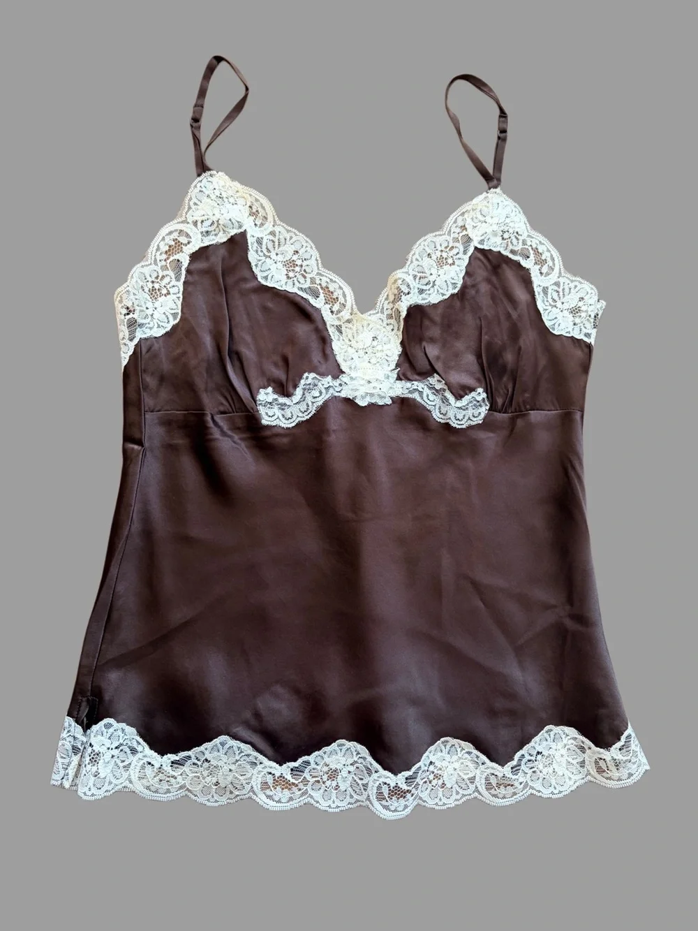 Lace-Trim Satin Camisole in Chocolate and Cream